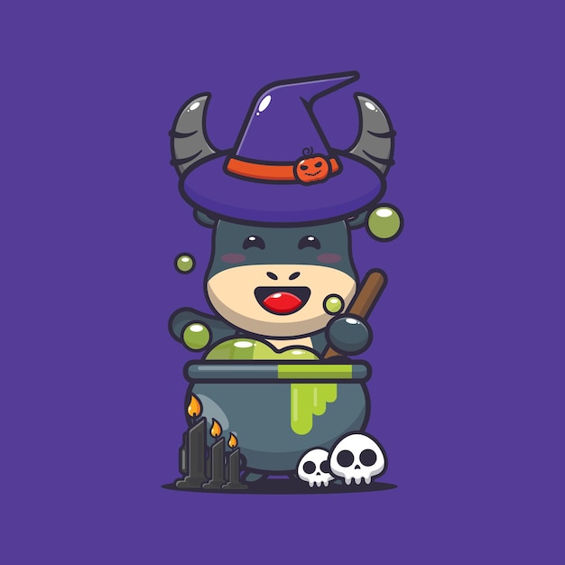 Cute witch buffalo making potion in halloween day. Cute halloween cartoon illustration.