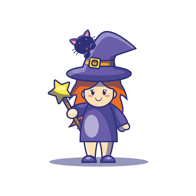 Cute witch and cat cartoon illustration. hallowen icon concept.