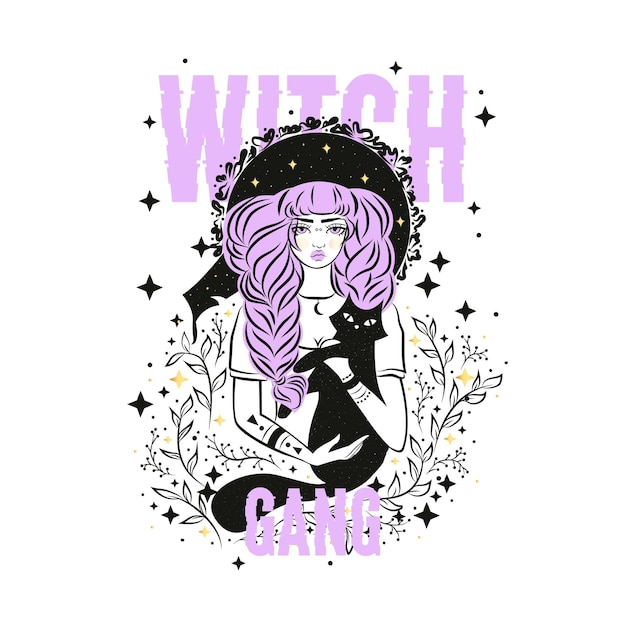 Cute witch and cat wearing hat Vector illustration Witch gang slogan with stars