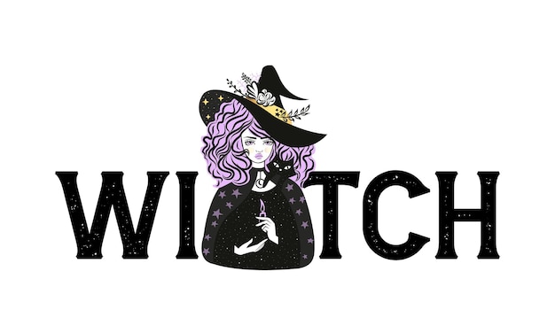 Cute witch and cat wearing hat Vector illustration Witch slogan