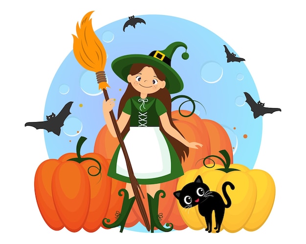 Cute witch in a costume with a broom, black cat and pumpkins. Halloween illustration, kids print