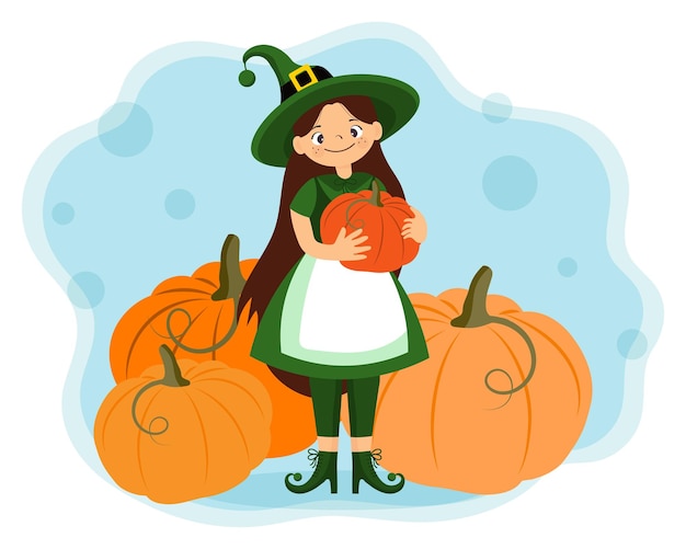 Cute witch in a costume with pumpkins. Halloween illustration, kids print, vector