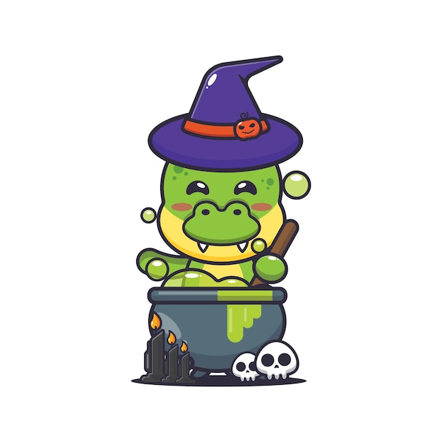 Cute witch dino making potion in halloween day. 
Cute halloween cartoon illustration.