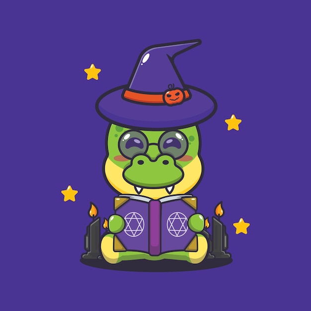 Cute witch dino reading spell book. 
Cute halloween cartoon illustration.