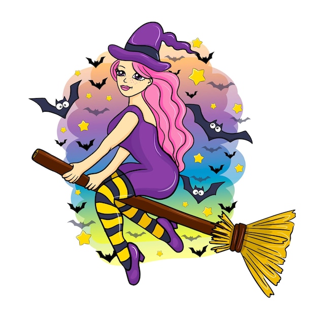 cute witch flying on a broomstick, cartoon halloween character, vector illustration