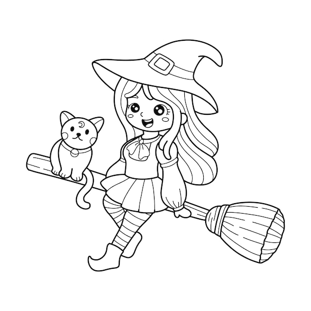 Cute Witch flying on a broomstick with cat coloring page