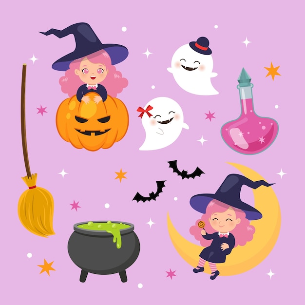 Cute witch girl clip art set Happy Halloween Flat vector cartoon design