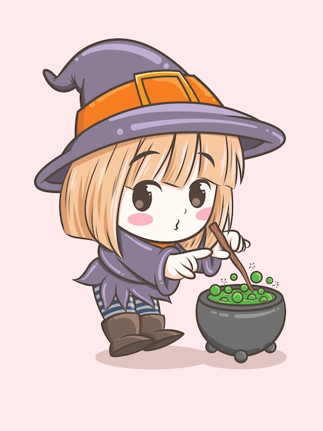 cute witch girl playing with magic stick - cartoon character illustration for halloween