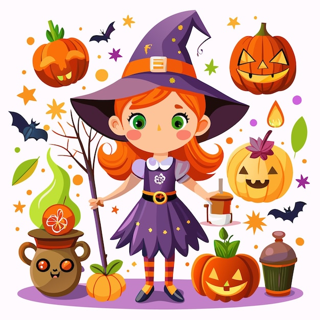 Cute witch girl in purple dress with a broom surrounded by pumpkins bats and stars