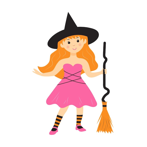 Cute witch with broom Little witch girl cartoon character isolated on white background