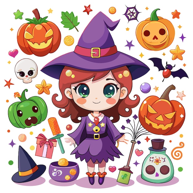 Cute Witch with Halloween Elements