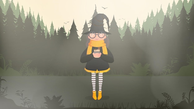 A cute witch with mulled wine is standing in the forest Girl in black suit and hat holding a cup with hot drink Halloween concept Vector