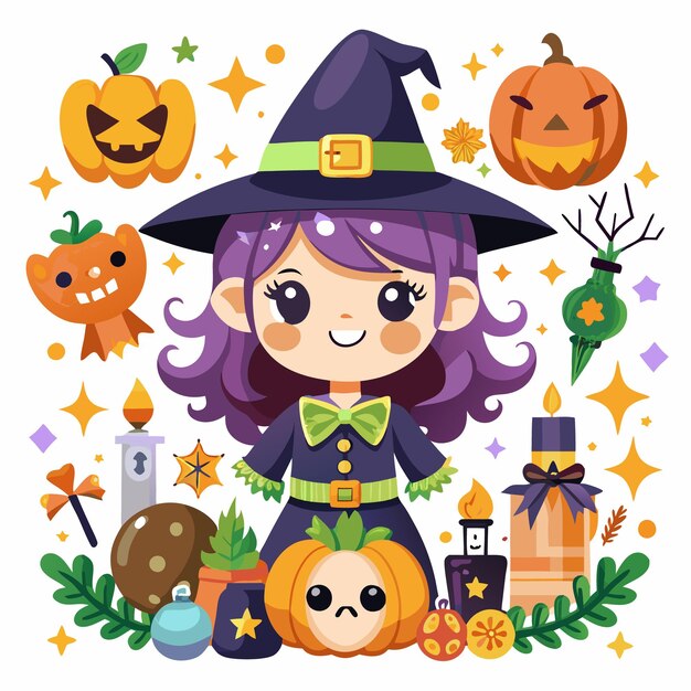 Cute witch with a pumpkin and magic items