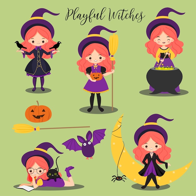 Cute witches cartoon character and Halloween elements