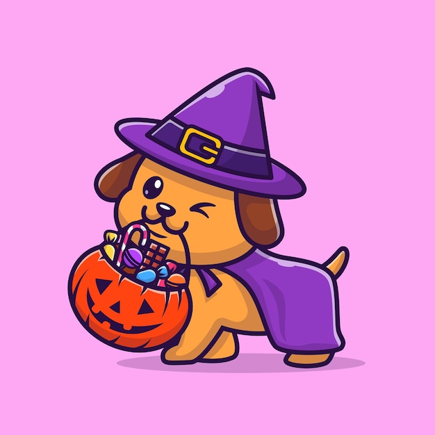 Cute Wizard Dog Bring Pumpkin Halloween Cartoon Vector Icon Illustration. Animal Holiday Icon Concept Isolated Premium Vector. Flat Cartoon Style