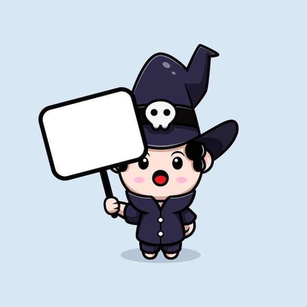 Cute wizard holding blank text board fairytale avatar character. cartoon illustration