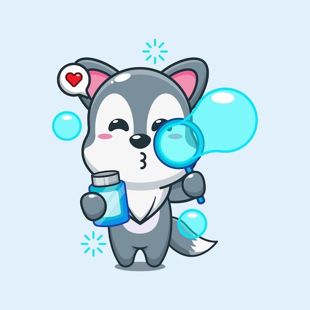 cute wolf blowing bubbles cartoon vector illustration