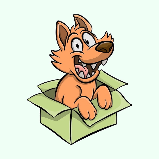 Cute wolf boy opens his mouth in a cardboard box