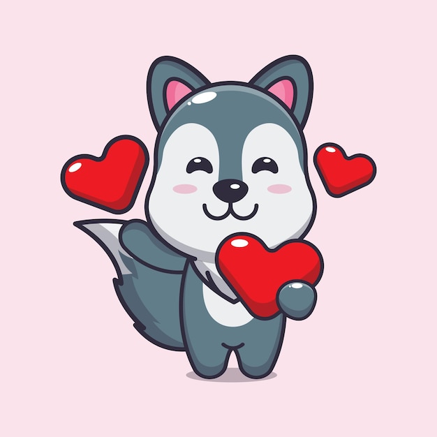 cute wolf cartoon character holding love heart in valentines day