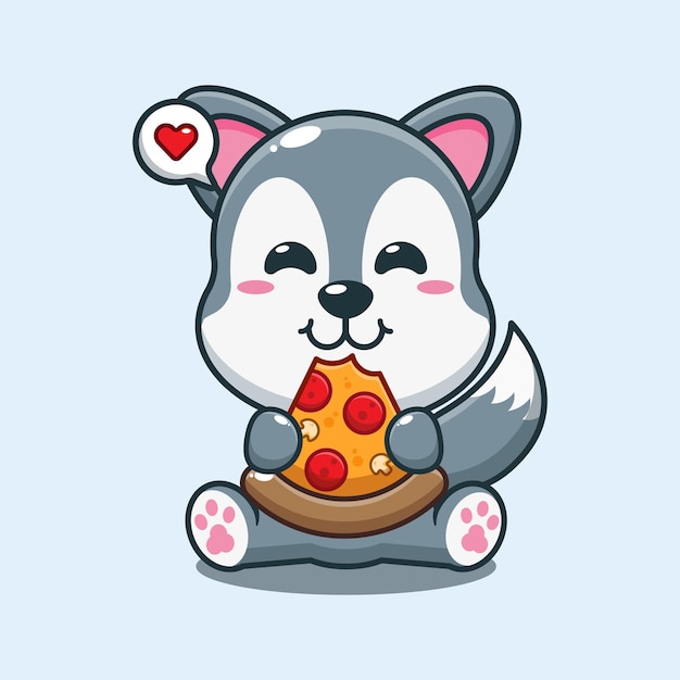 cute wolf eating pizza cartoon vector illustration