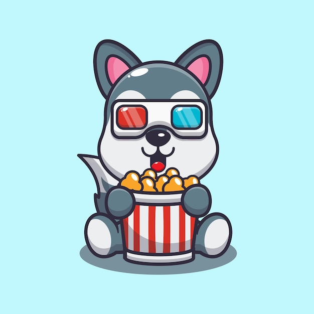 Cute wolf eating popcorn and watch 3d movie cartoon vector illustration