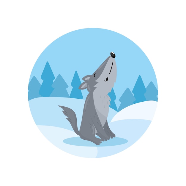 Cute wolf howling on the background of winter landscape vector Illustration cartoon style