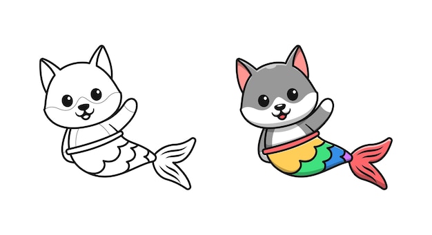 Cute wolf mermaid cartoon coloring pages for kids