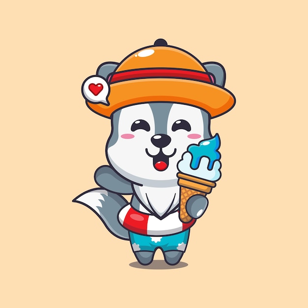 Cute wolf with ice cream on beach cartoon illustration Cute summer cartoon illustration