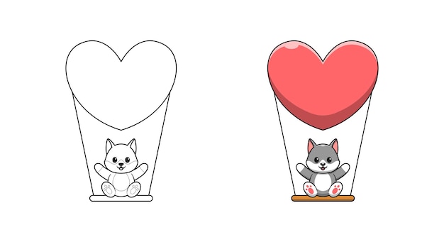 Cute wolf with love cartoon coloring pages for kids