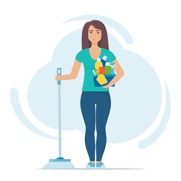 Cute woman character stands with brush for sweeping the floor and set of detergents Cleaning concept vector illustration Woman cleans the house Cleaning service Spring cleaning