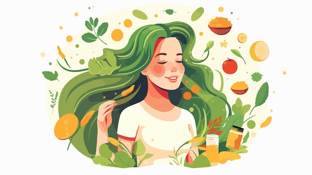 Vector cute woman character with health and vitamins for woman