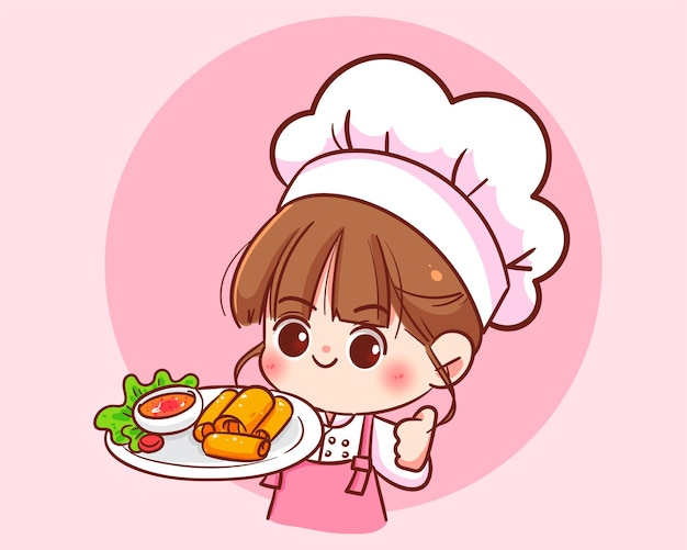 Cute woman chef holding Fried spring rolls asian food hand drawn restaurant logo cartoon art illustration