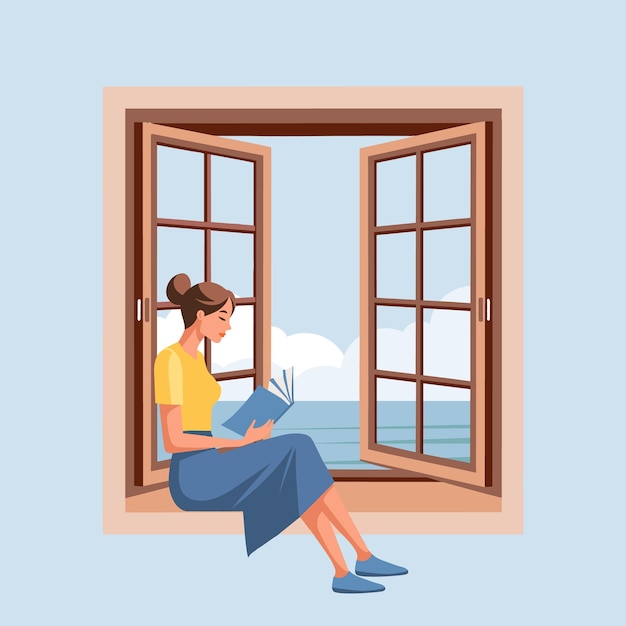 A cute woman is reading a book while sitting near an open window with a landscape Illustration