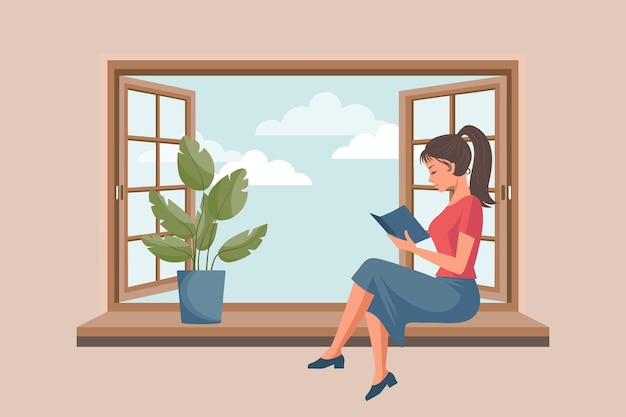 A cute woman is reading a book while sitting near an open window with a landscape Illustration