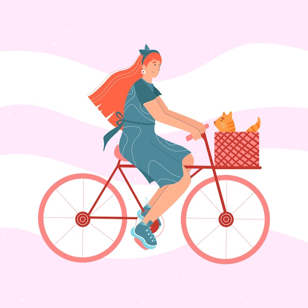 Cute woman is riding a bike with a cat. 