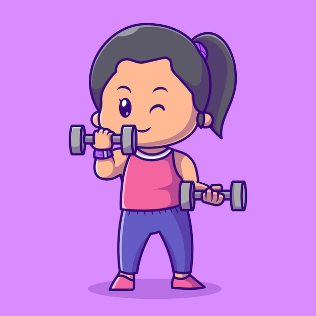 Cute Woman Lifting barbell Cartoon Vector Icon Illustration. People Sport Icon Concept Isolated Premium Vector. Flat Cartoon Style