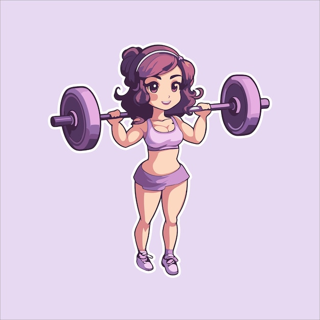 Cute woman lifting barbell cartoon vector sticker illustration