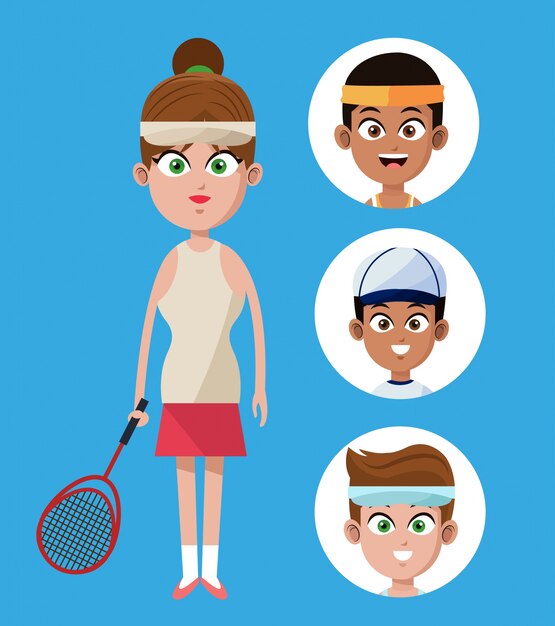 Cute woman player tennis with racket-group players