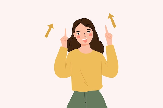 Cute woman pointing finger up cartoon illustration