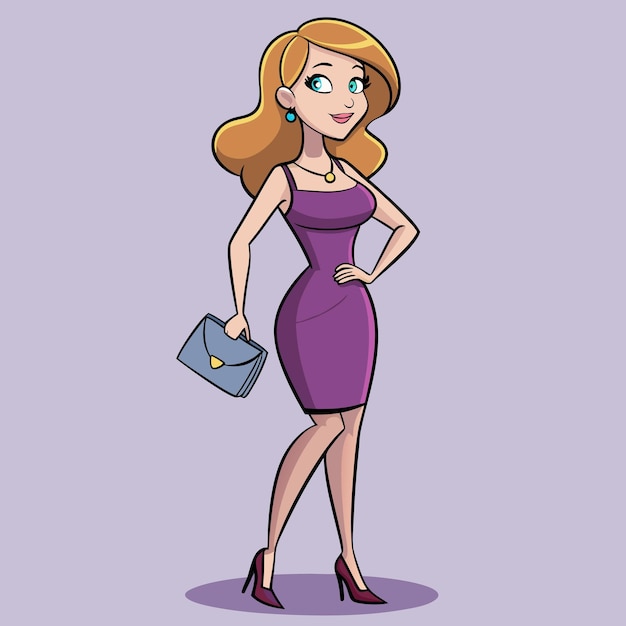 Vector cute woman in purple dress and heels holding a clutch cartoon vector illustration