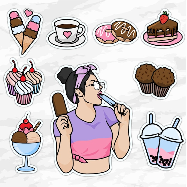 cute woman sticker set accessories cartoon eat dessert