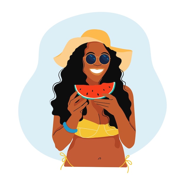 Cute Women character eating ripe red Watermelon