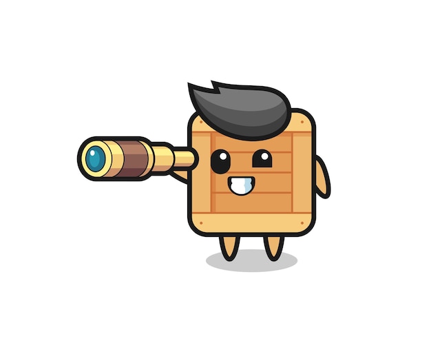 Vector cute wooden box character is holding an old telescope , cute style design for t shirt, sticker, logo element