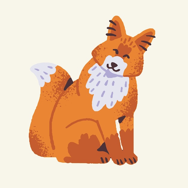 Cute woodland animal happy and kind fox Forest predator furry sly foxy with red tail sits and smile Fluffy funny beast in childish style Flat isolated vector illustration on white background