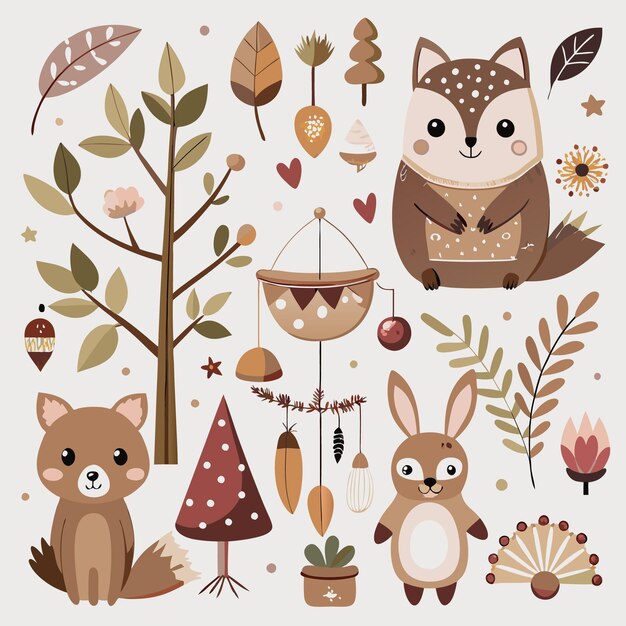 Vector cute woodland animals autumn elements printable clipart for fall decor