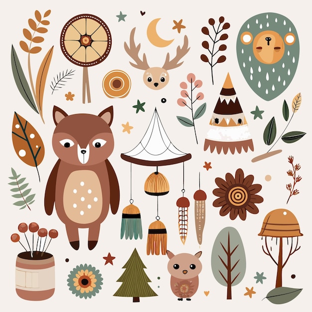 Vector cute woodland animals and boho elements for nursery decor