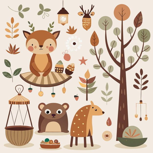 Vector cute woodland animals and forest elements for kids nursery decor