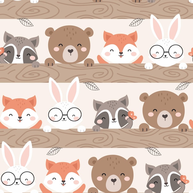 Cute Woodland Animals seamless pattern. Cartoon Animals Background. Cute Cartoon fox, racoon, bear,