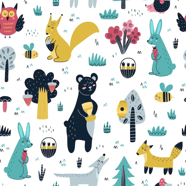 Cute woodland animals seamless pattern. Forest with bear, fox, squirrel, wolf, rabbit, hedgehog, owl and bee. Scandinavian design. 