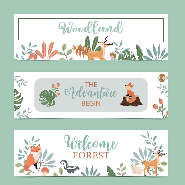 cute woodland banner with animals